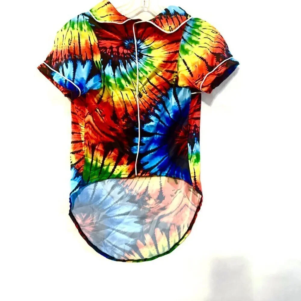 Dog Tie Dye Shirt  Satin PJS Medium  Pajamas Stocking Stuffer NWT Chest 22